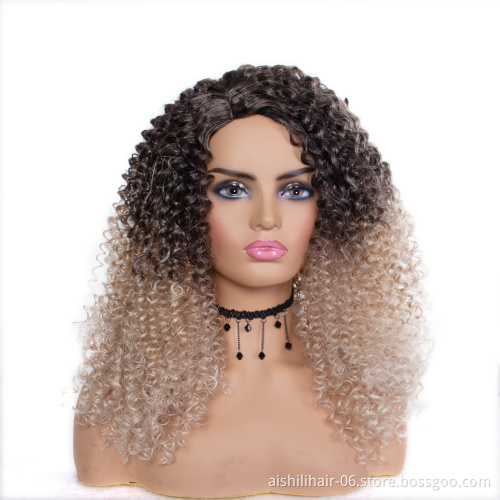 Wholesale heat resistant ombre black hair root to blonde kinky curly long wig hair synthetic hair wigs for women